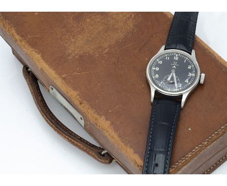 A c1940s Omega WWW Military "Dirty Dozen" stainless steel wristwatch, 35mm case, running, black dial with broad arrow and sub