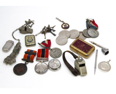 A mixed lot of small silver plate and other items, including a vesta case, a chatelain clasp, a silver Bridge pencil, another