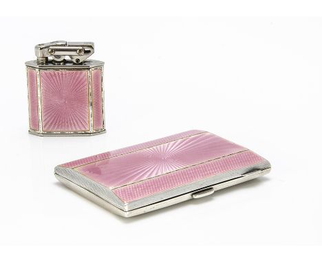 A nice Art Deco period silver and enamelled cigarette case and lighter set by Alexander Clark &amp; Co Ltd, each engine turne