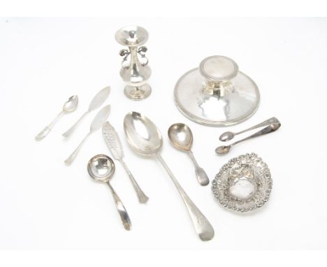 An Edwardian silver filled capstan inkwell and other silver and white metal items, including a Walker &amp; Hall tablespoon, 