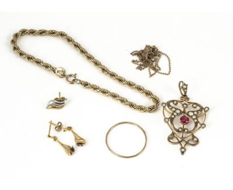 A 9ct gold ruby and seed pearl Art Nouveau style pendant, together with a 9ct gold rope twist bracelet, pair of earrings and 