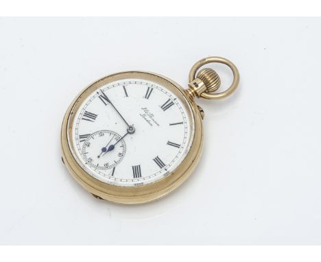 A George V 18ct gold open faced pocket watch by J.W. Benson, 51mm, white enamel dial with subsidiary, appears to run, engrave
