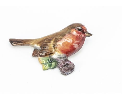 A Royal Worcester porcelain robin brooch, painted in colours with printed factory mark to reverse, 5.4cm