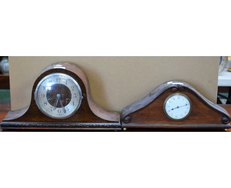 Clocks - a Victorian oak mantel clock, white enamel dial, c.1890; another, Coronet (2) 