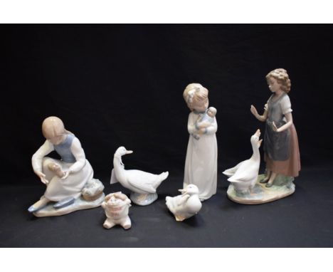 Nao Figures - Farm Girl, with basket of grapes; others, Girl with Geese, Girl and Doll, Thank You, etc (6) 