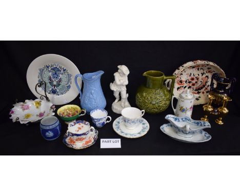 Ceramics - Victorian relief moulded jugs, Meissen onion pattern sauce boat, Quimper, Abbeydale cups and saucers, Royal Crown 