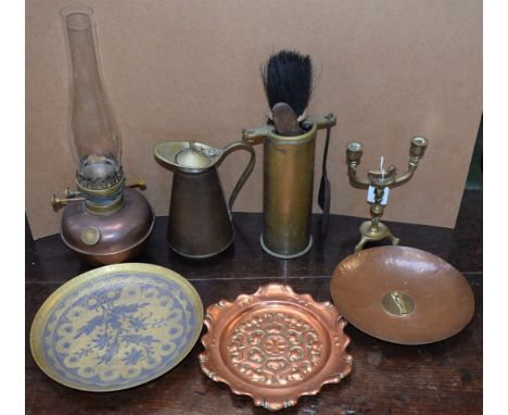 Metalware - a Benson patent brass and copper hot water jug, impressed marks, enamel lined; a hand hammered pixie bowl; a deco