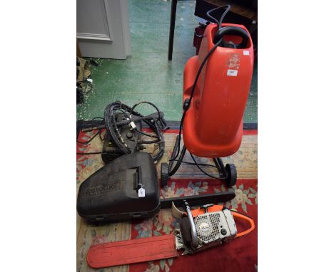 Tools - a Stihl O45AV chainsaw; another, Homelite ZR10926; a Power Devil garden shredder; a Turbo 870 pressure washer (4)