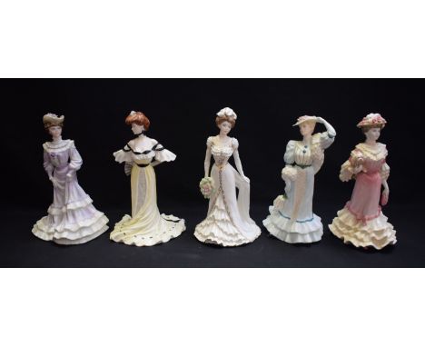 A Coalport ceramic figure, Golden Age Collection, Louisa at Ascot; others, Georgina, Alexandra at the Ball, Beatrice at the G