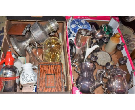 Boxes and Objects - various, silver plated ware, including coffee pot, candleabra, etc; an oil lamp, miniature frames, soda s