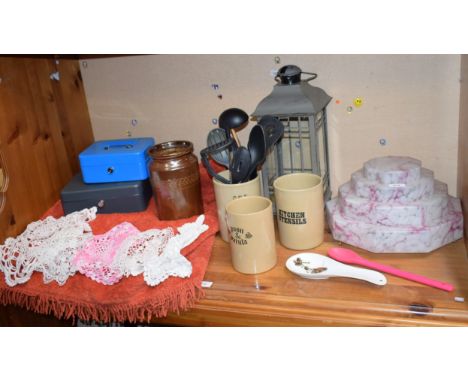 An early 20th century nonagonal mottled glass light shade; a stoneware storage jar; others, similar; a cash tin; etc