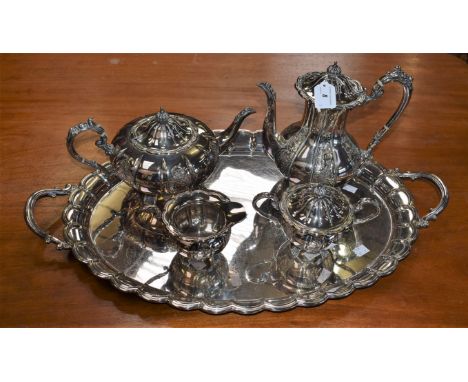 A Cavalier silver plated hand chased four piece tea service, comprising tea pot, coffee pot, cream jug and sucrier; a Mappin 