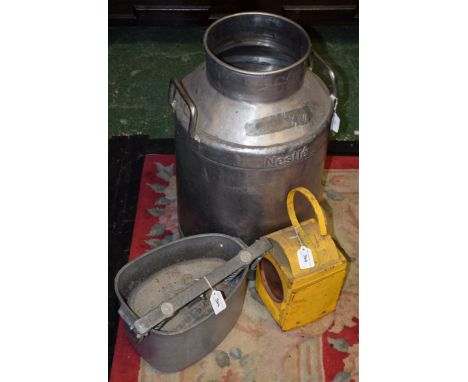 A Nestlé milk churn; a J Stott &amp; Co meat press, The Knit Close; a Parker Roadworkers lamp (3)