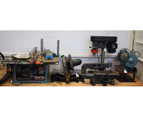 Tools - a Clarke Woodworker 10" table saw; a Clarke Metalworker 6" bench grinder; a Performance Power five speed pillar/bench