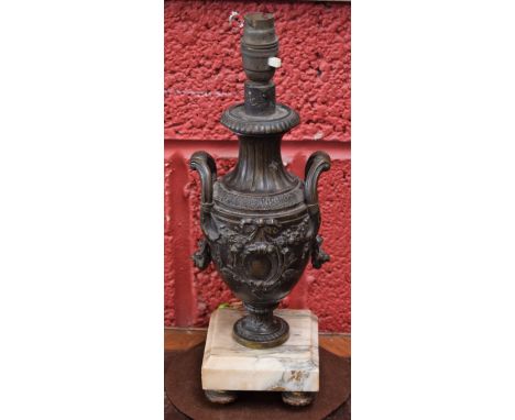 A 19th century classical two handled urnular table lamp, marble base, approx 35.5cm high