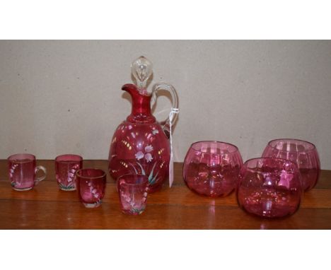 A Victorian ruby glass decanter; four cups, similar; three ruby glass bowls (8)
