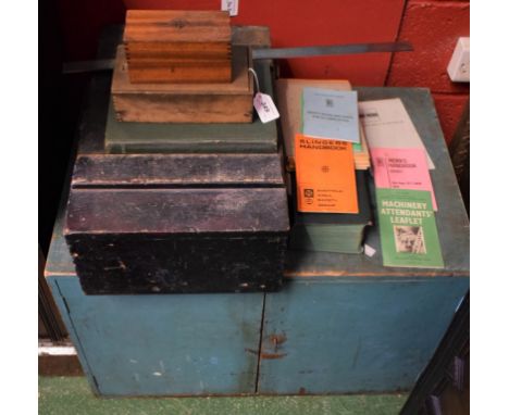 Tools - precision engineering tools; woodworking tools; Machinery's Handbook; another; other books; a ply wood tool cupboard;