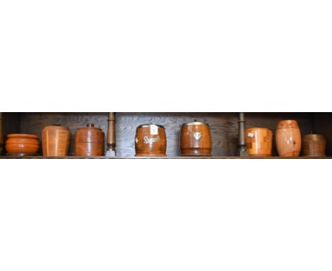 Treen - a mid 20th century oak swing handled biscuit barrel, ceramic lining; others, similar (8)
