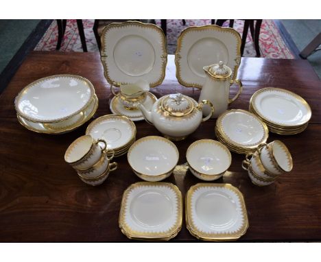 A Plant Tuscan China gilded part tea and dessert set including cake stand, cake plates, teapot and stand, hot water jug, crea