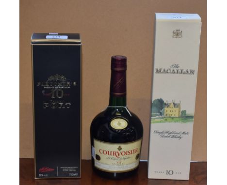 A bottle of Fletcher's 10 year old Tawny port; a bottle of Macallan Single Highland Malt Scotch whisky; a bottle of Courvoisi