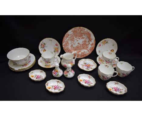 Ceramics - Royal Crown Derby Posies Pattern teacups, saucers, tea plates, milk jug, sugar bowl, salt and pepper pots, shaped 