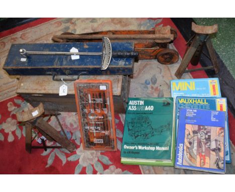 Tools - socket sets, jack, sets, etc; car manuals, including Haynes Vauxhall Chevette, Mini, Morris Marina; etc 