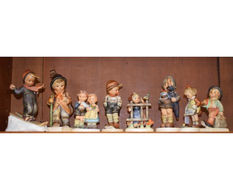 Goebel Hummel Figures - a Cello Boy, 89/1; others, Girl and Blue Tit, 203; Boy and Bag, 11; Windswept, 43; etc (8) 