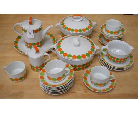 A retro 1960's Eschenbach German green and orange spot bonded part tea/coffee service, including teapot, cups, saucers, side 