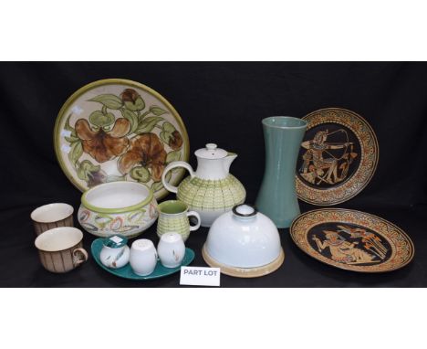 A pair of Denby Egyptian series plates; a large Magnolia pattern charger and similar ovoid vase; a set of teacups and saucers