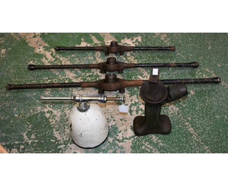 Tools - a set of three vintage pipe cutters, one inch, 3/4 inch and half inch; a Jack V821B; a Shell oil injector bottle (5) 