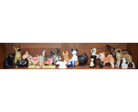 Ceramics - a Beswick Horse, gloss brown; other animals, including Sylvac Dogs, Cats, etc; a Goebel Poodle; etc