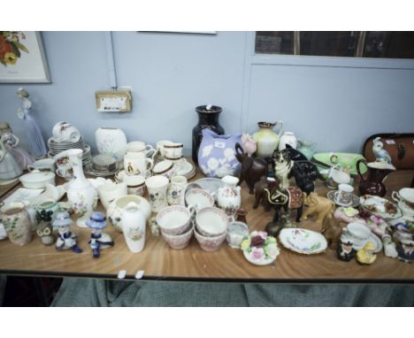 ROYAL NORFOLK PART TEA SERVICE, COMMEMORATIVE CUPS, CARLTON WARE, DOULTON POSY ORNAMENTS, CARVED WOODEN ELEPHANTS AND VARIOUS