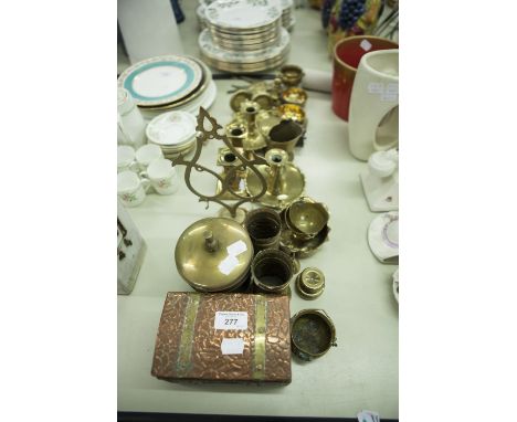 PAIR OF BRASS CHAMBER CANDLESTICKS, WITH CONICAL SNUFFERS; PAIR OF BRASS SHORT CANDLESTICKS ON SQUARE BASES; COPPER CASKET PA