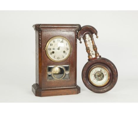 1930's CARVED OAK MANTEL CLOCK, with silvered 4 1/2" Arabic dial above a bevel glazed panel of five pieces, housed in a flat 