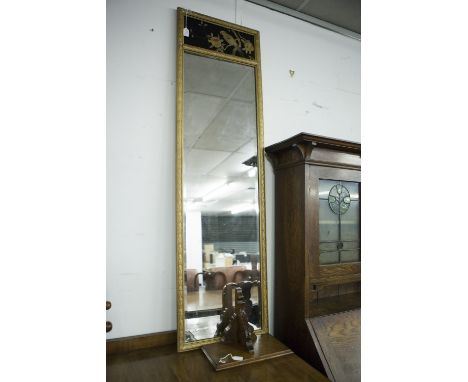 A 20TH CENTURY GILT FRAMED VERTICAL BEVELLED WALL MIRROR with oriental lacquer inset panel 54 1/4" x 15 1/2" (138 cm x 39.5 c