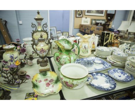 TWO MODERN REPRODUCTION CERAMIC PEDESTAL VASES, WITH COVERS, CHAMBER POT, THREE TOILET JUGS, BLUE AND WHITE ETC...... 