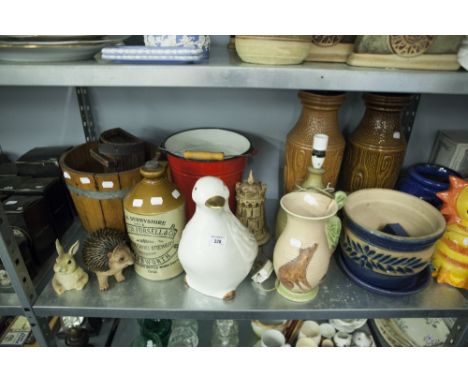 LARGE QUANTITY OF CERAMIC ANIMAL ORNAMENTS, PAIR OF LARGE BROWNWARE VASES, OTHER VASES, JUGS ETC... 
