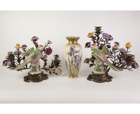 A PAIR OF MODERN REPRODUCTION CERAMIC AND GILT METAL MOUNTED CANDELABRA'S, MODELLED WITH FLOWERS AND EXOTIC BIRDS, AND A VIEN