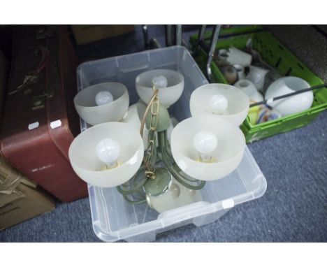 TWO FIVE-TIER LIGHT ELECTROLIERS, BOX OF VARIOUS GLASS LIGHT SHADES AND TWO SUITCASES 