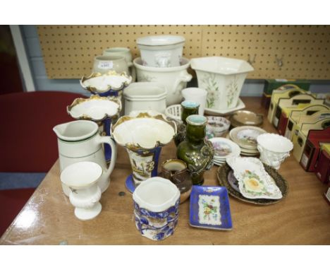 A GARNITURE OF 3 VICTORIAN CHINA VASES, HAND PAINTED WITH LANDSCAPES, QUANTITY OF SMALL PORCELAIN DECORATIVE DISHES AND A QUA