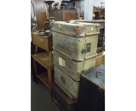 WOODEN BOUND FABRIC TRAVELLING TRUNK, TOGETHER WITH A SMALLER SIMILAR 'BROOKS' EXAMPLE (ONE SIDE HANDLE MISSING AND THE OTHER