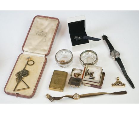 A small box of mixed collectables to include Zippo lighter, cut glass and sterling silver salts, watch, gold tooth....etc. 