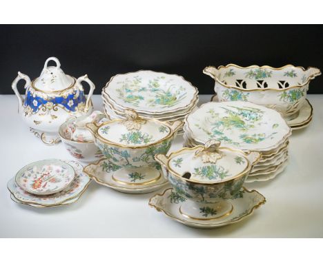 19th century dinner ware with hand-coloured foliate decoration, pattern 895, to include 2 x sauce tureens &amp; covers, 14 x 