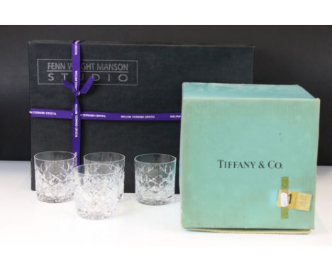 Tiffany &amp; Co Boxed Set of Four Crystal Cut Glass Whiskey Tumblers (8.5cm high), together with a boxed set of six Fenn Wri