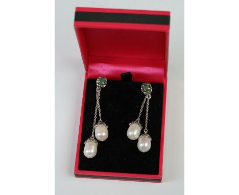 Pair of Silver and Freshwater Pearl Drop Earrings, cased 