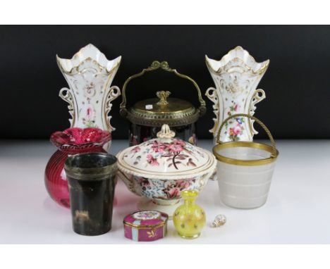 Group of mixed glass &amp; ceramics to include a pair of late 19th century porcelain vases with hand painted floral decoratio