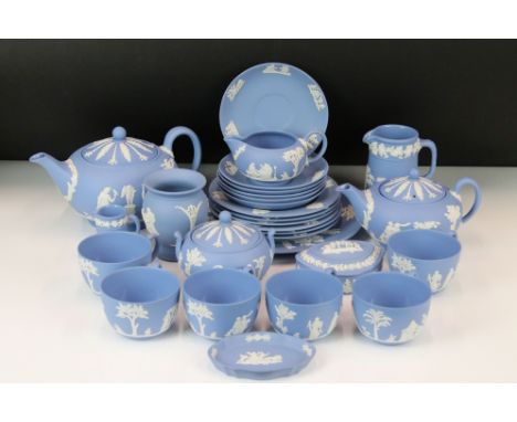 Wedgwood Jasperware Pale Blue Tea Service for 6 to include 2 x teapots &amp; covers, 6 teacups &amp; saucers, 6 tea plates, s