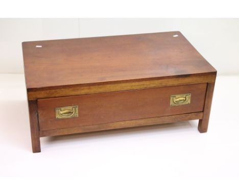 Teak Campaign style Rectangular Coffee Table, the single drawer with brass recessed handles, 76cm wide x 46cm deep x 29cm hig