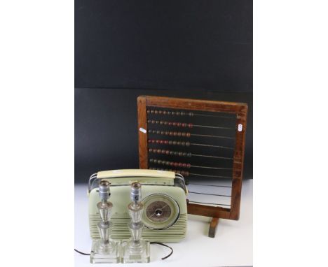 Pair of Art Deco Style Perspex table lamp bases of geometric form (28cm high), together with a vintage wooden abacus and a Bu