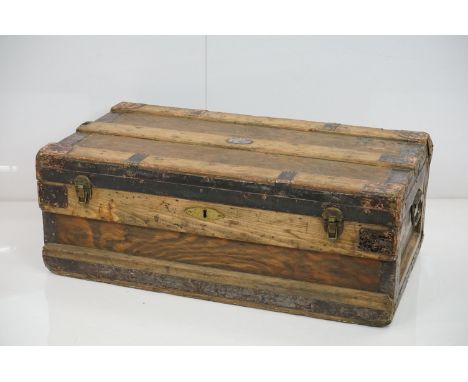 19th century Pine and Metal Bound Travelling Trunk / Box with two carrying handles, 81cm wide x 31cm high 